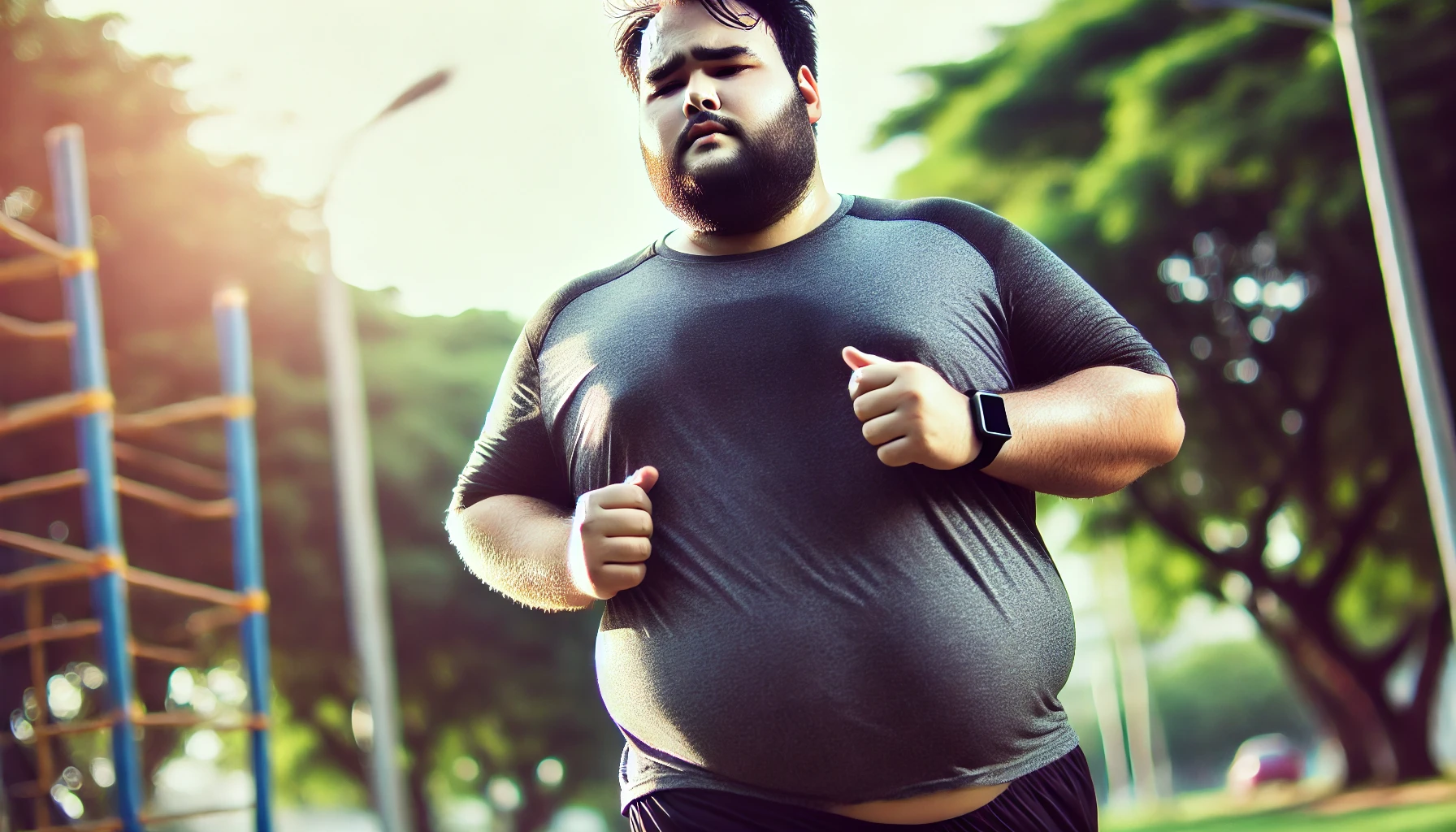 DALL·E 2024-07-17 09.48.35 – A wide format image showing a fat man running. He is wearing sports clothes, such as a T-shirt and shorts, with sweat visibly on his face. The backgro