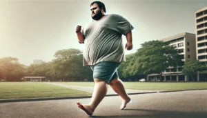 DALL·E 2024-07-17 09.49.45 – A wide format image showing a fat man running barefoot. He is wearing casual clothes, such as a T-shirt and shorts, with a determined expression on hi