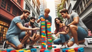 DALL·E 2024-07-17 10.41.13 – Five adults building block towers on the street in a competition. The scene is lively and energetic, with colorful building blocks scattered around. T