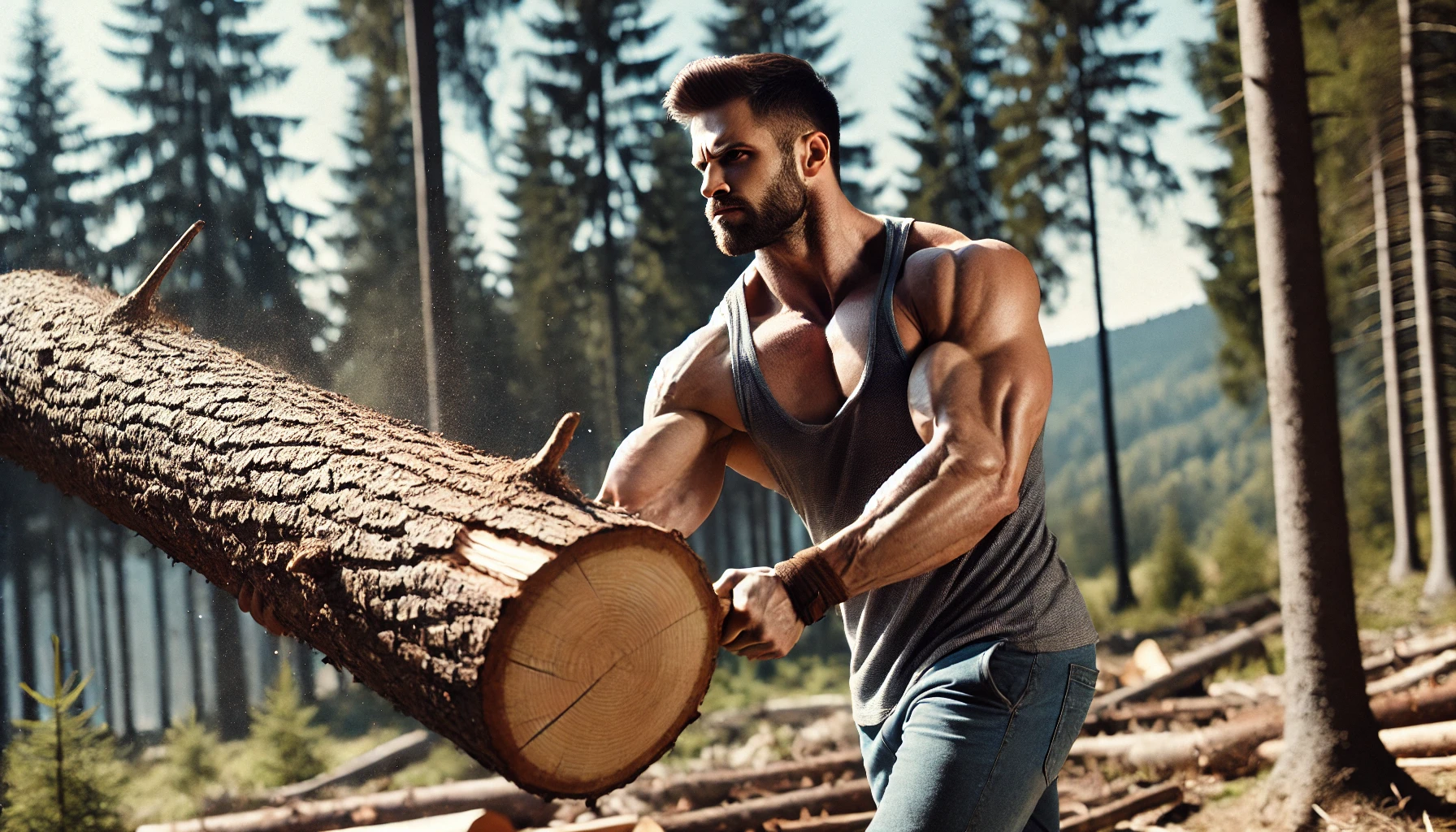 DALL·E 2024-07-17 10.45.35 – A strong man throws a tree trunk in a forest clearing. The man is muscular, wearing a sleeveless shirt, and looks determined. The tree trunk is mid-ai