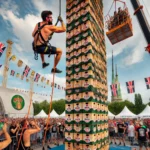 DALL·E 2024-07-22 13.19.17 – An outdoor scene at a summer festival featuring a thrilling beer crate stacking competition. A participant, secured with harnesses and ropes, is caref