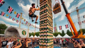 DALL·E 2024-07-22 13.19.17 – An outdoor scene at a summer festival featuring a thrilling beer crate stacking competition. A participant, secured with harnesses and ropes, is caref