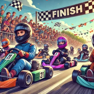 DALL·E 2024-07-22 13.22.27 – Create an image of a Bobbycar race in action. The scene should be vibrant and dynamic, featuring participants of various ages racing down a track with