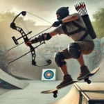 DALL·E 2024-07-22 13.24.35 – A dynamic scene showcasing a person on a skateboard performing archery. The person is wearing protective gear like a helmet, knee pads, and elbow pads